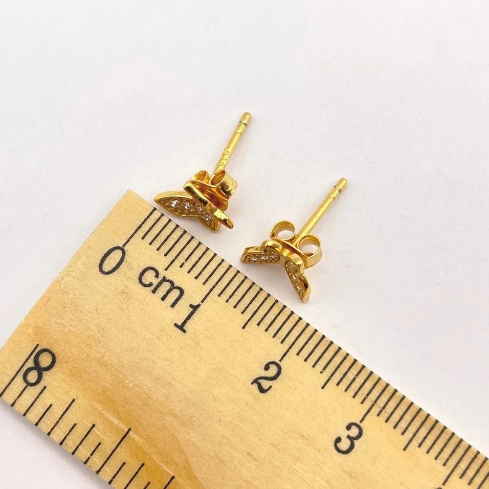 Sterling Tiny Sparkling Butterfly Post Earrings Gold‎ Wash Crystal Encrusted